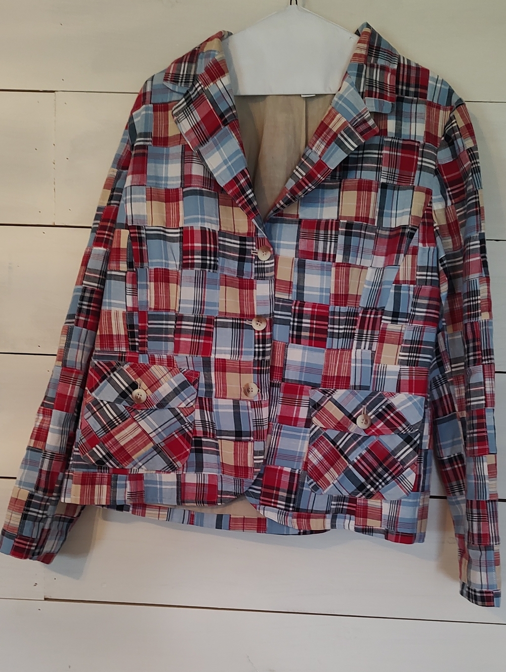 Ladies Summer 100% Cotton Linen Pendleton Multicolor Plaid Patchwork Blazer. XL